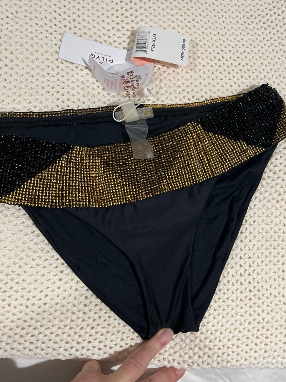 Pilyq Black Bikini Bottoms with Gold Beaded Waistband